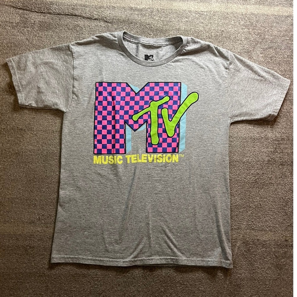 MTV Music Television Graphic T-Shirt Gray Neon Checkered Logo Large Womens